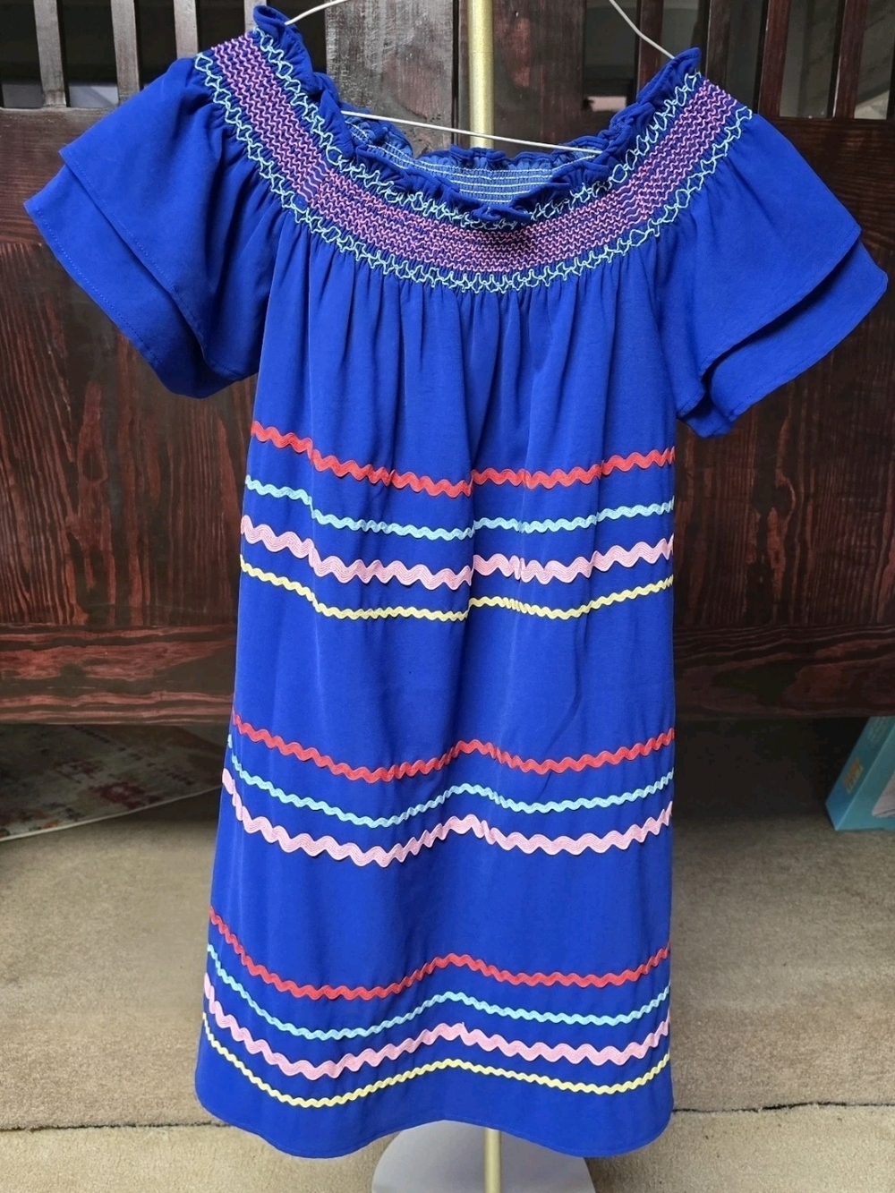 GUC Blue Smocked Ruffle-Neck Dress